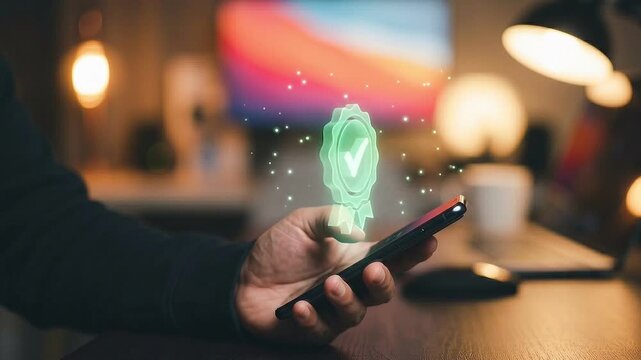 Verified Digital Security Concept: Flat Holographic Green Badge Icon with Checkmark Floating Over Smartphone on Dark Desk