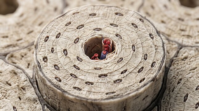Microscopic view of human bone tissue osteon structure with microscopic