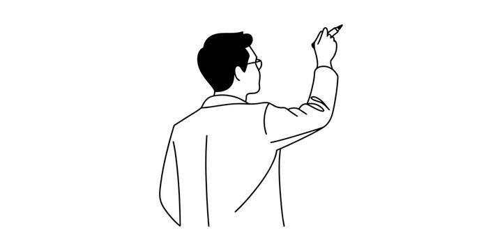 A young man wearing glasses writing or drawing on a board with a marker pen in a simple line art style illustration Vector, illustration