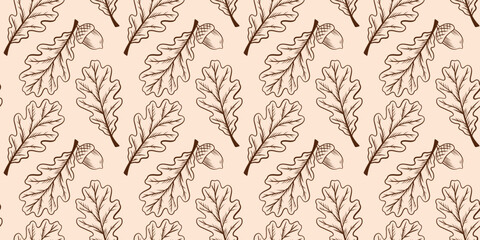 Seamless Pattern with Oak Leaves and Acorns Sketched Line Art Texture © Elena
