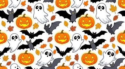 Fototapeta premium Halloween pattern with ghosts, pumpkins, bats, and leaves on white background 4k