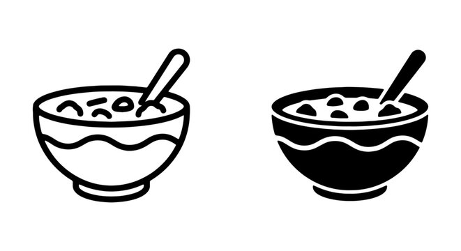 Cereal bowl icons, breakfast porridge with spoon vector, healthy meal outline symbols