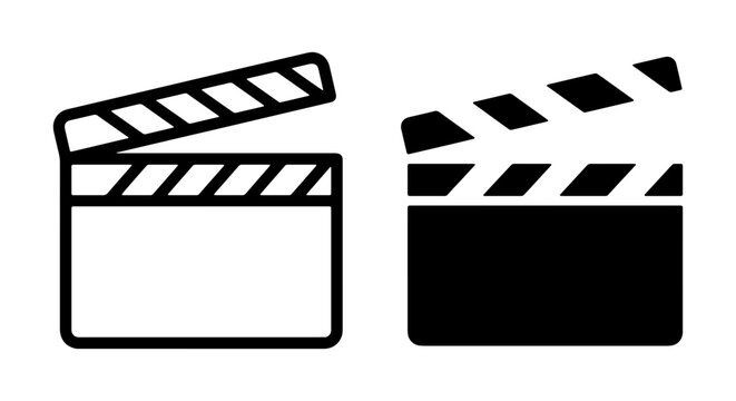 Minimalist movie clapperboard vector icons, film slate symbols, cinema production tools