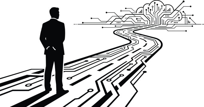 Silhouette of a man viewing a circuit board pattern on a white background human figure male form person outline electronic pathway chip