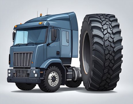 Digital illustration of a blue-grey semi-truck cab merging with a giant tire. The oversized tire dominates the background