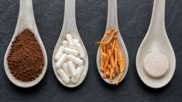 Overhead flat lay of natural supplement powder capsule mushroom slice and mineral tablet arranged in white ceramic spoon on dark slate background for healthy lifestyle