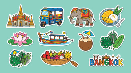 Obraz premium Colorful vector illustration set featuring iconic thai cultural elements including delicious tropical fruits traditional temples and vibrant transportation vehicle icons