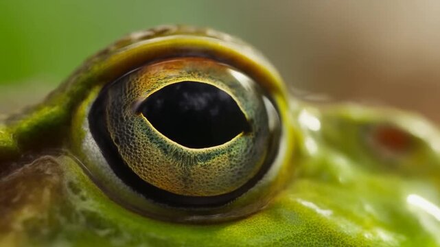 Slow tracking push in macro shot of frog eye showing pupil and iris movement on leaf in wetland rainforest close up morning study
