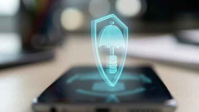 Data Protection and Privacy Concept: Holographic Umbrella Shield Over Smartphone Database in Blurred Environment