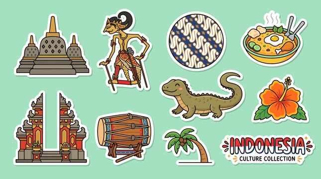 Colorful vector illustration set featuring iconic Indonesian cultural symbols including traditional temples puppets food nature and unique island heritage elements