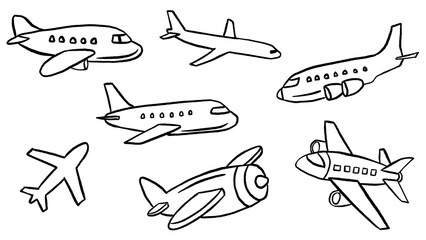 Collection of hand-drawn cartoon airplane doodles isolated on transparent background. Set of simple vector sketches for travel, transport, and aviation design. © Atheefa