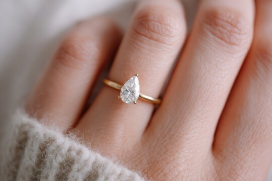 Minimalist close-up of a hand wearing a sparkling engagement ring with pear cut lab grown  diamond, soft natural light on smooth neutral background. 