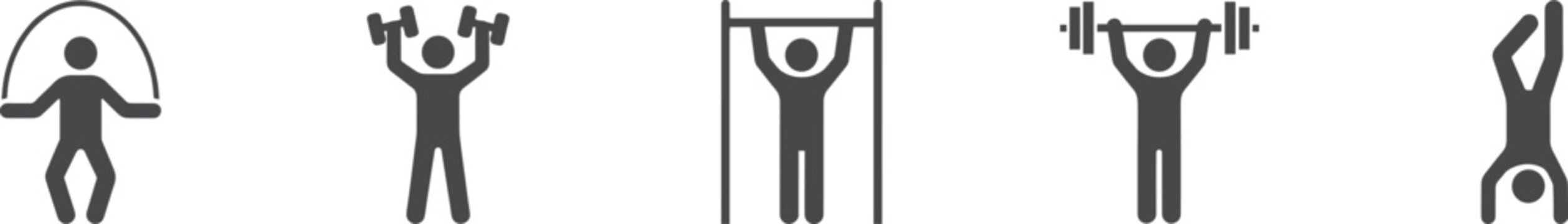 Fitness exercise icons set, jumping rope weightlifting pull up barbell and handstand training symbols