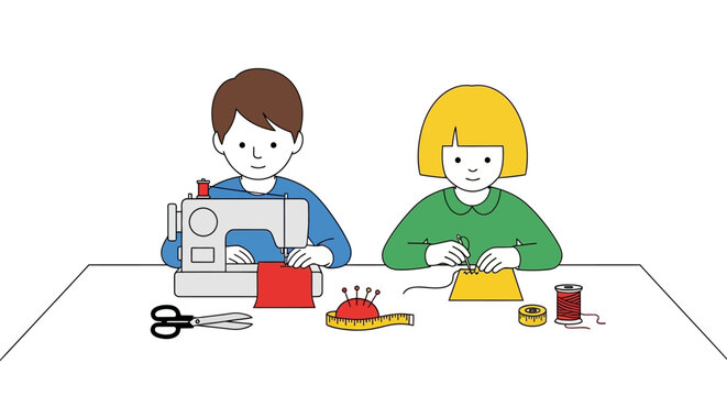 Children learning to sew with sewing machine and needle and thread