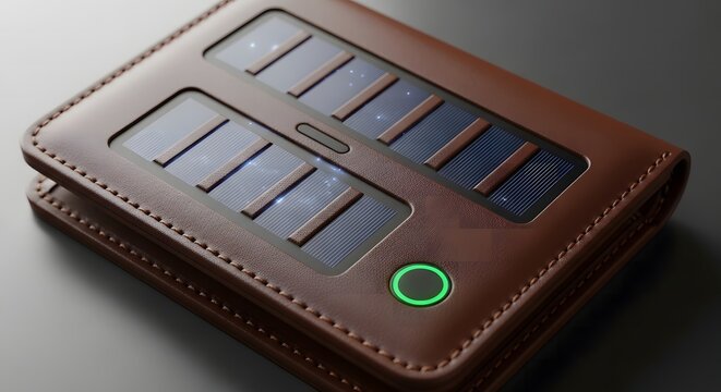 Brown leather wallet with integrated solar panels and a circular indicator light bifold