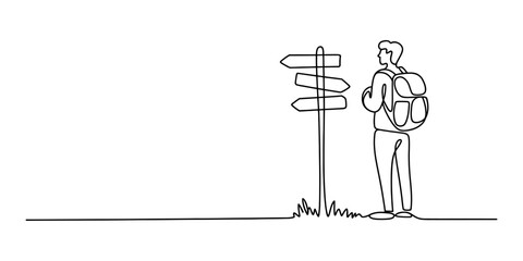 A young male traveler with a backpack standing and looking at a wooden direction sign post in a continuous line art drawing style for travel concept Vector, illustration © Continues One Line D