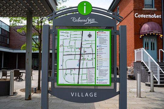 Close up of Richmond Hill Village information map sign. Richmond Hill, Canada - June 5, 2026.
