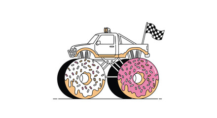 Creative illustration of a white monster truck using large glazed donuts as wheels with a checkered racing flag waving in the back. © Fathya