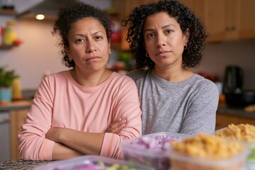 Fototapeta premium Two women with curly hair standing close together in a kitchen, arms crossed, with food containers on the counter and a modern kitchen setting in the background