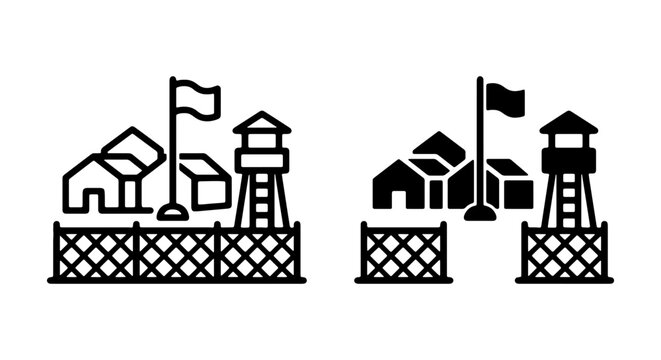 Military base camp, army outpost, security checkpoint, war zone vector icon set