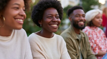 Fototapeta premium Four diverse friends smiling together outdoors, showcasing a close-up view of their faces with greenery in the background, highlighting their unique styles and expressions