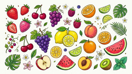 Obraz premium Hand drawn fruit clipart set with strawberries cherries grapes lemons oranges peaches watermelon apple kiwi and tropical leaves vector