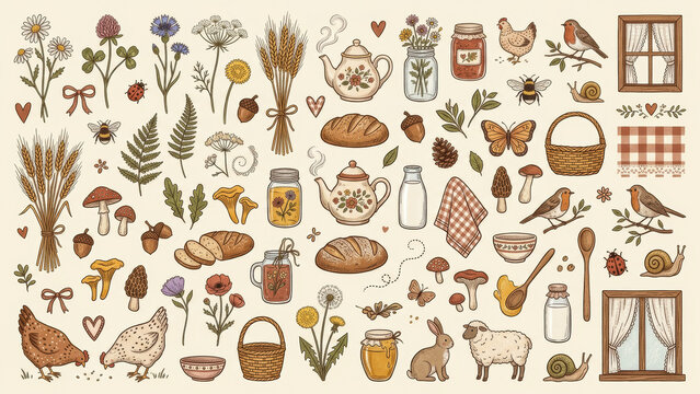 Hand drawn cottagecore clipart set with wildflowers wheat mushrooms teapot mason jars bread hens birds and rustic farmhouse accents
