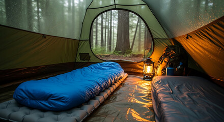 Fototapeta premium Cozy tent interior with blue sleeping bags and glowing lantern in a misty forest