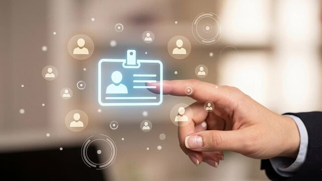 Digital Identity and Access Management Concept: Close-Up of Executive Finger Touching Floating Translucent ID Card Icon in Moody Studio