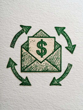 Hand-drawn envelope with dollar symbol surrounded by circular arrows representing financial transactions and money flow concept on textured paper background