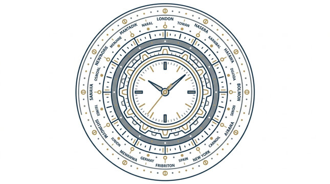Circular World Time Zone Clock with Detailed Inner Rings.