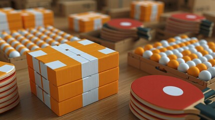 Table tennis paddles, balls, and shipping cartons organized for sports equipment distribution