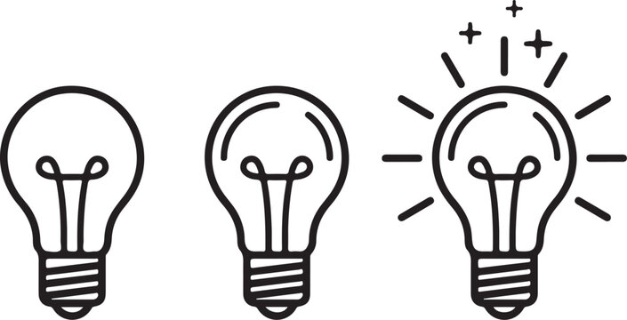 Lightbulb icon set. LED light bulb vector icons. Idea concept symbols. Innovation and creativity icons. Minimalist line art bulb. Electric lamp outline. Glowing lightbulb illustration. Energy saving 