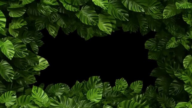 Panning shot of tropical leaves parting to reveal black center framed by dense green foliage in studio backdrop