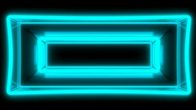 Panning slow motion view of glowing neon rectangular tunnel panels sliding across black background in repeating triptych loop digital studio setting