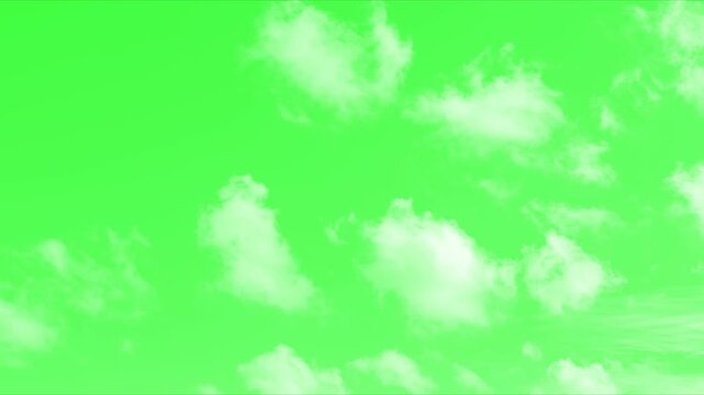 Moving clouds motion graphic effects on green screen background. White puffy clouds on green screen background for chroma key. realistic clouds moving slow isolated on green background.