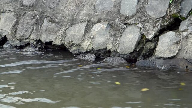Eroded concrete stone retaining wall on a riverbank with flowing water during daytime, showing infrastructure damage and environmental degradation impact in Southeast Asia.