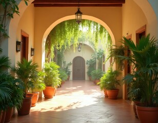 Fototapeta premium Sunlit arched walkway with rich green plants in terracotta pots. Shadows create patterns on tiled floor. Arches frame a distant door and verdant foliage.
