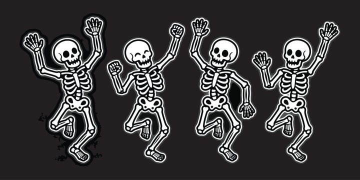 Four white dancing skeletons on black background