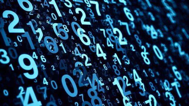 A dense grid of glowing blue numbers floating in a dark digital space, representing binary code, data streams, and information technology in a high-tech, futuristic, and complex computing environment