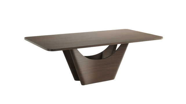 Brown wooden table with a unique curved base on isolated transparent background