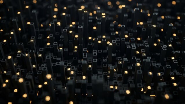 Abstract digital landscape of glowing golden numbers on of dark 3d rectangular pillars, representing data processing, technology, and information flow in a futuristic, complex computing environment