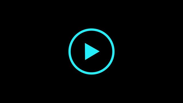 Minimalist blue play button icon centered on a solid black background for digital media playback.4k motion video.