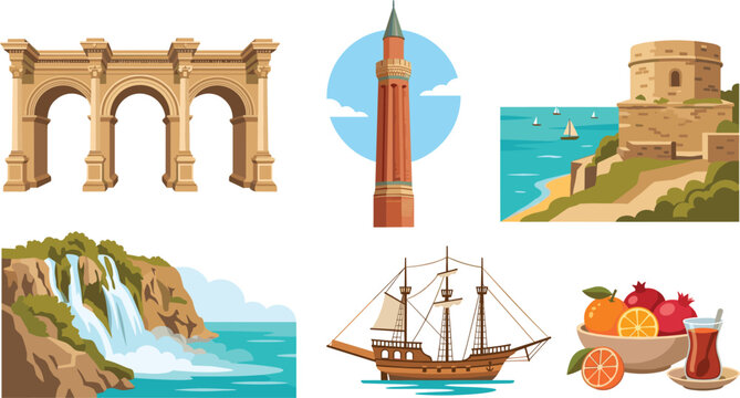 Turkey antalya travel landmarks vector set with duden waterfall hadrians gate red tower ship and 