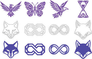 Obraz premium Geometric animal and object icons in purple and white colors
