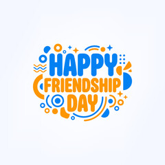 Fototapeta premium Modern friendship day badge design with bold typography and abstract geometric shapes blue and orange color palette vector graphic icon for social media posts party posters and festive banners.