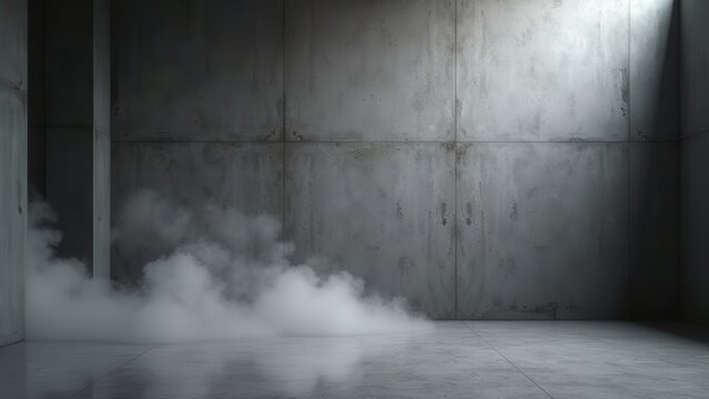 moody modern interior empty space with raw concrete wall and subtle white smoke atmosphere for luxury product mockup backdrop