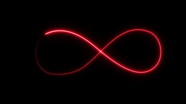 Glowing red neon infinity symbol loop, abstract continuous motion background, for tech and, science concepts, 4k video.