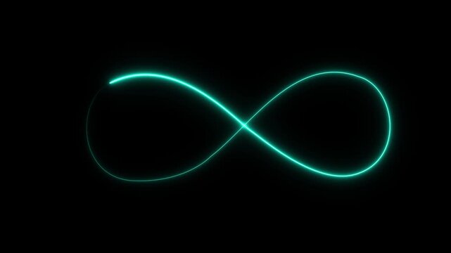 Neon infinity symbol glowing light animation on black background, continuous loop motion, 4k video.