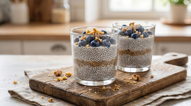 Chia seed pudding topped with fresh blueberries and walnuts on a wooden board for two. Healthy gourmet breakfast photography concept completely without text or brand logo